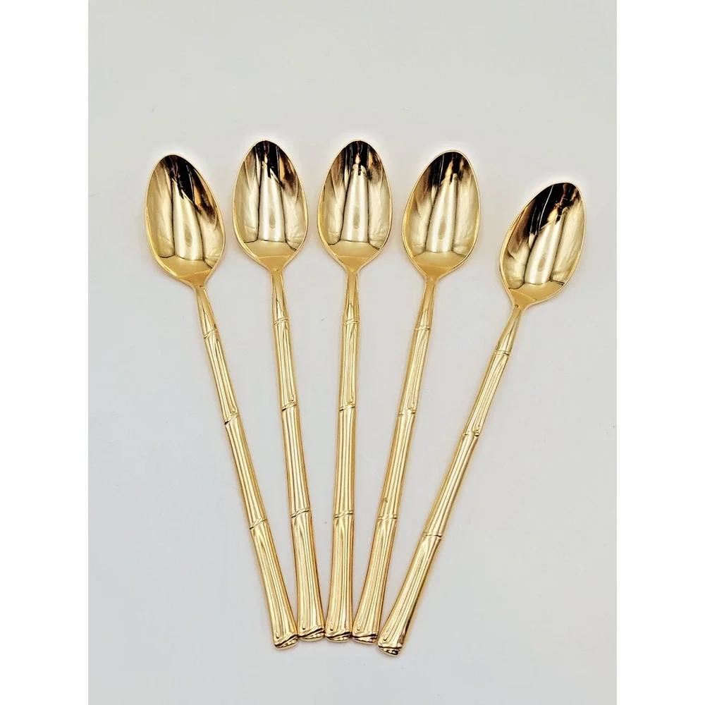 Set 5 National Escapade Iced Tea Spoon Gold Plated Bamboo Style Handle